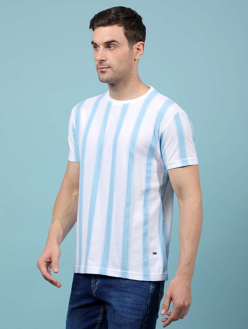 men light blue striped round neck slim fit t-shirt - 21914448 -  Standard Image - 2