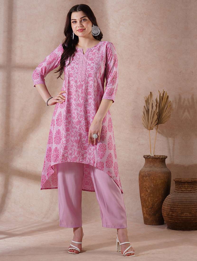 women pink three quarter sleeve kurta pant set