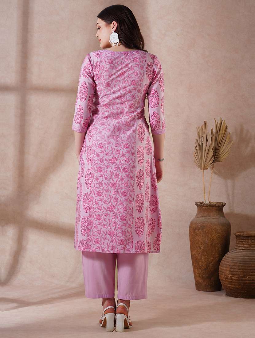 women pink three quarter sleeve kurta pant set - 21915407 -  Standard Image - 2