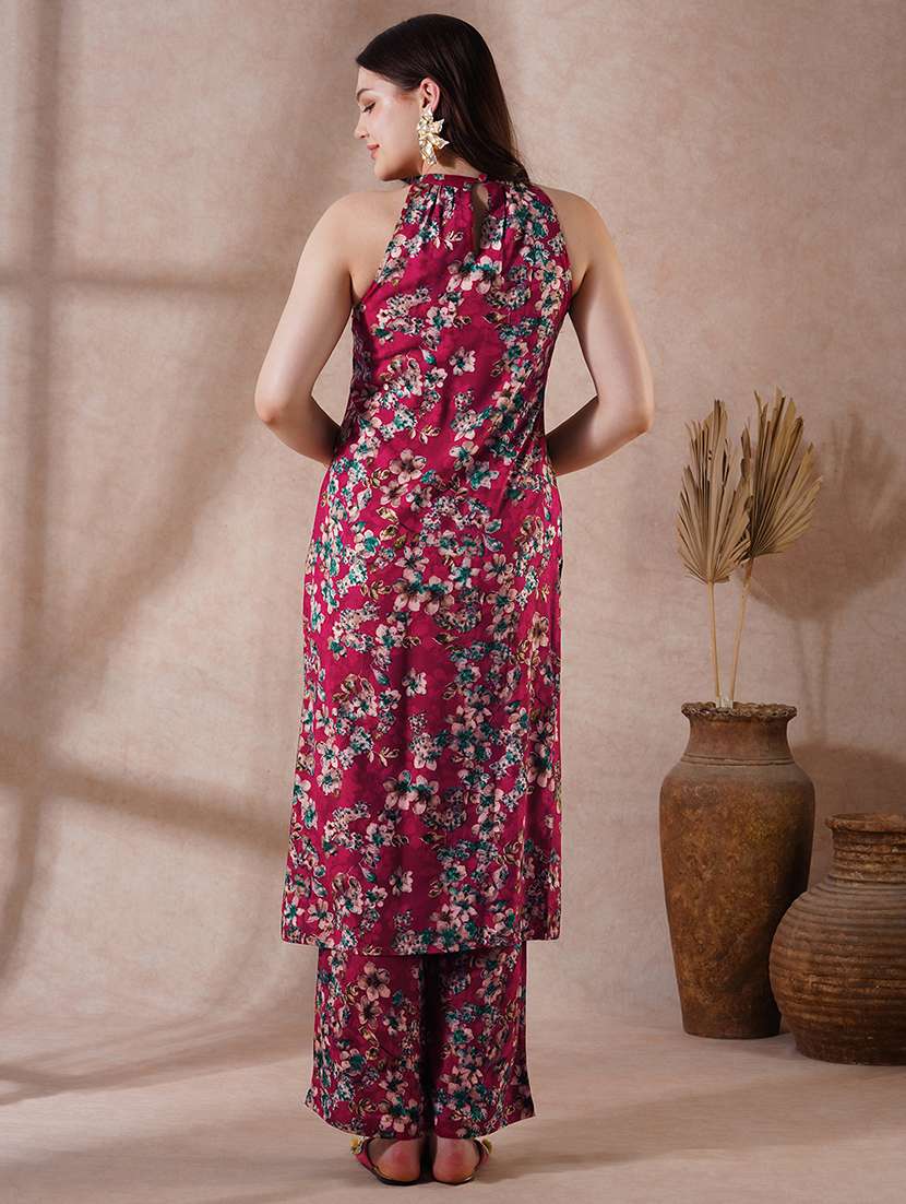 women magenta halter neck kurta palazzo set - 21915408 -  Standard Image - 2