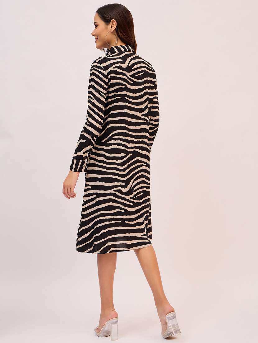 Women Animal Printed Roll Up Sleeves Shirt Dress