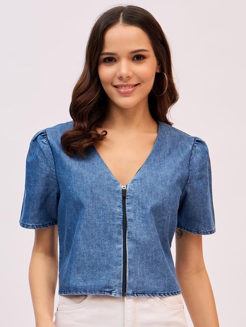 women solid puff sleeves denim crop top - 21916020 -  Standard Image - 0