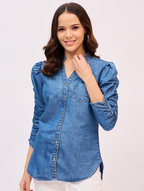 women solid mandarin neck denim shirt - 21916021 -  Standard Image - 0