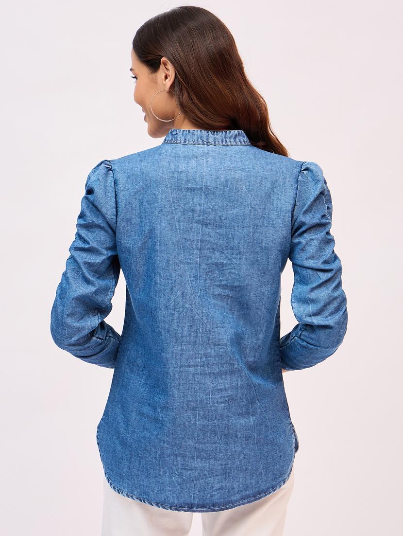 women solid mandarin neck denim shirt - 21916021 - Standard Image - 2