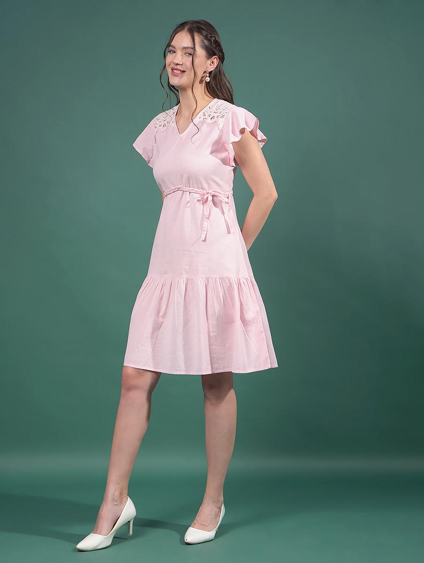 women solid lace detailed tiered dress - 21916024 - Standard Image - 2