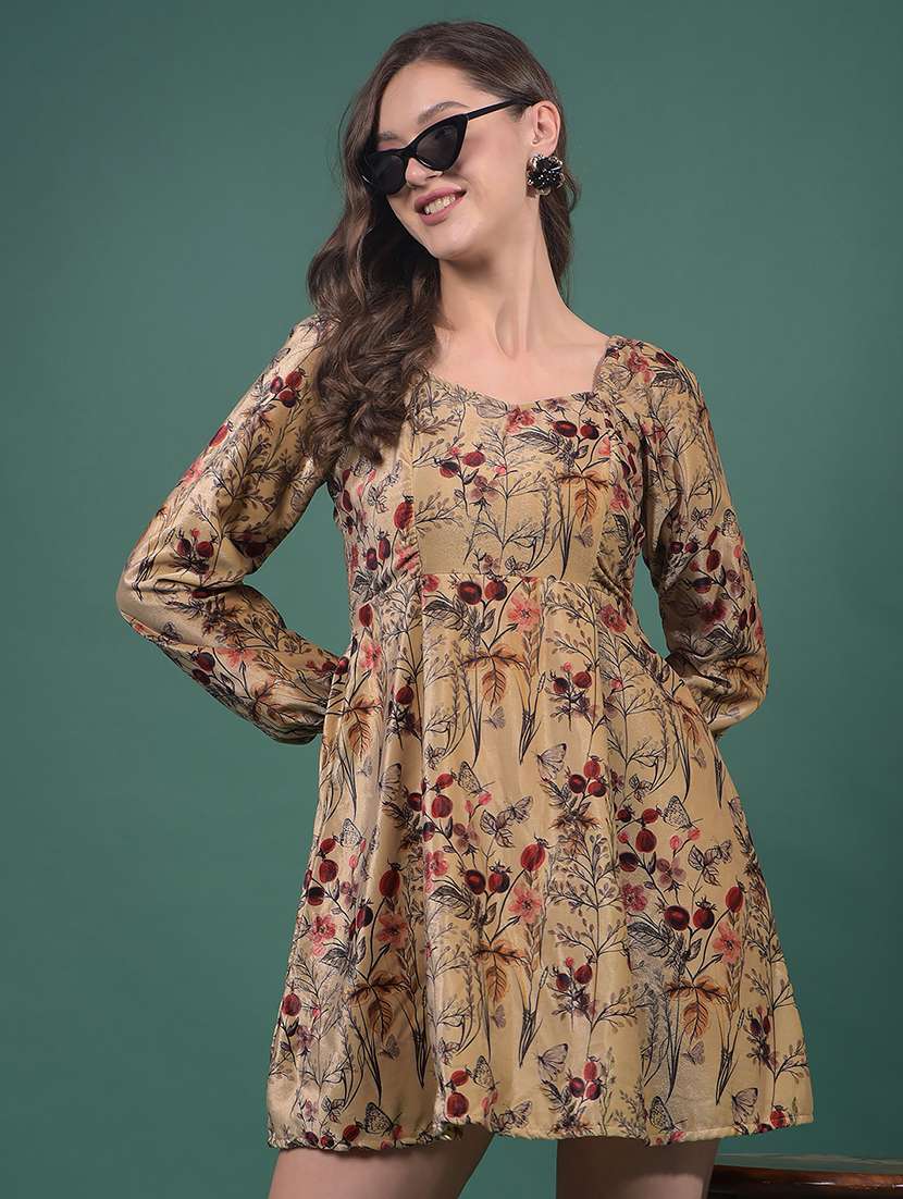 crimsoune club women's beige floral print corduroy mini-dress