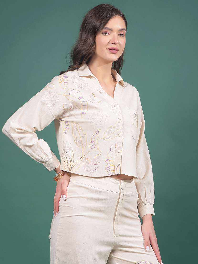 women printed collared long sleeves crop shirt - 21916043 -  Standard Image - 2