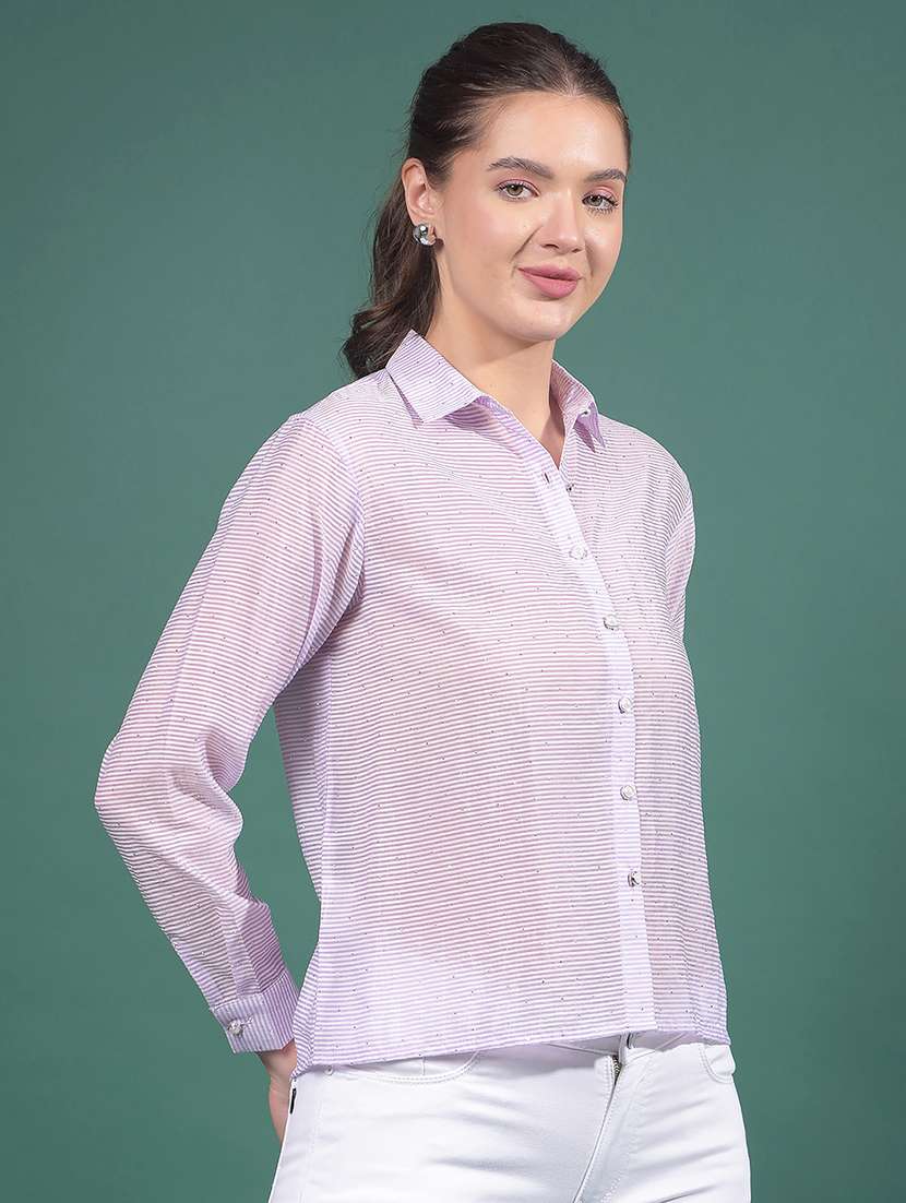 women striped collared long sleeves shirt - 21916046 - Standard Image - 2