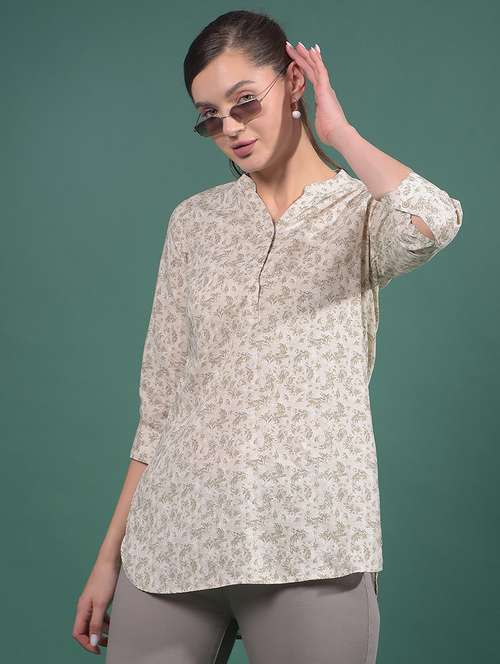 women printed mandarin neck high low tunic - 21916073 -  Standard Image - 0