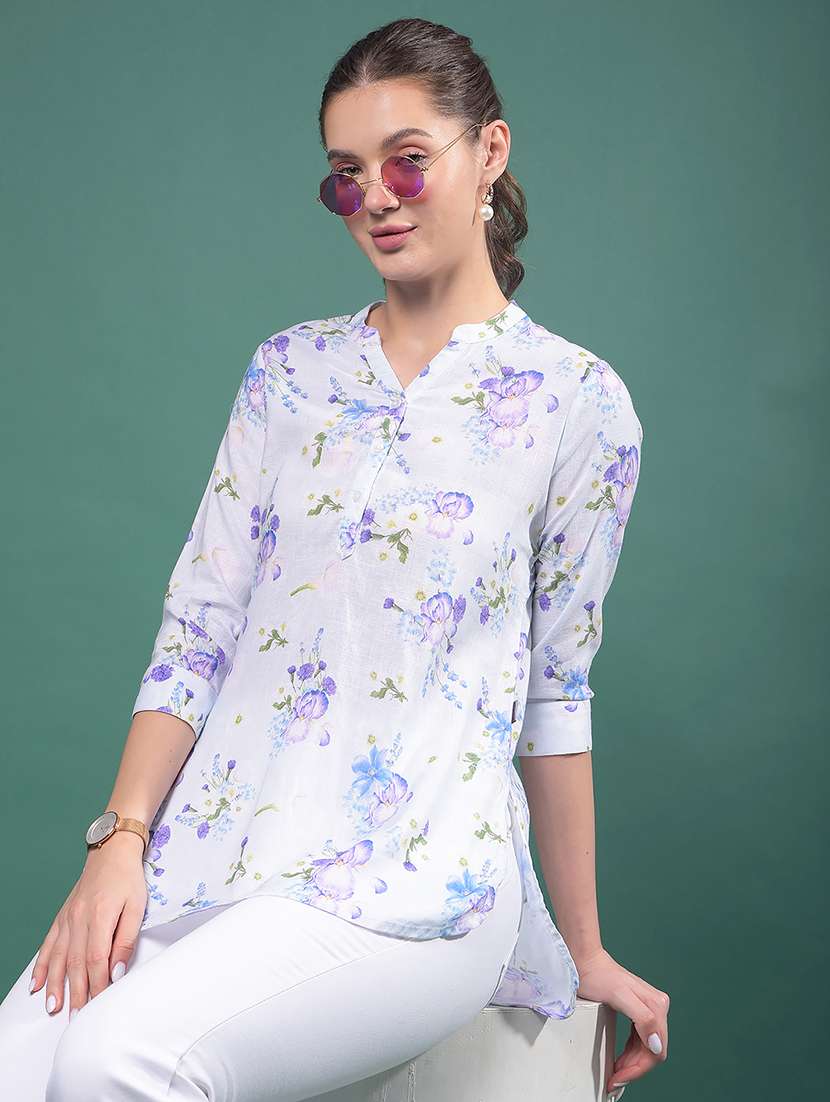 women printed mandarin neck high low tunic