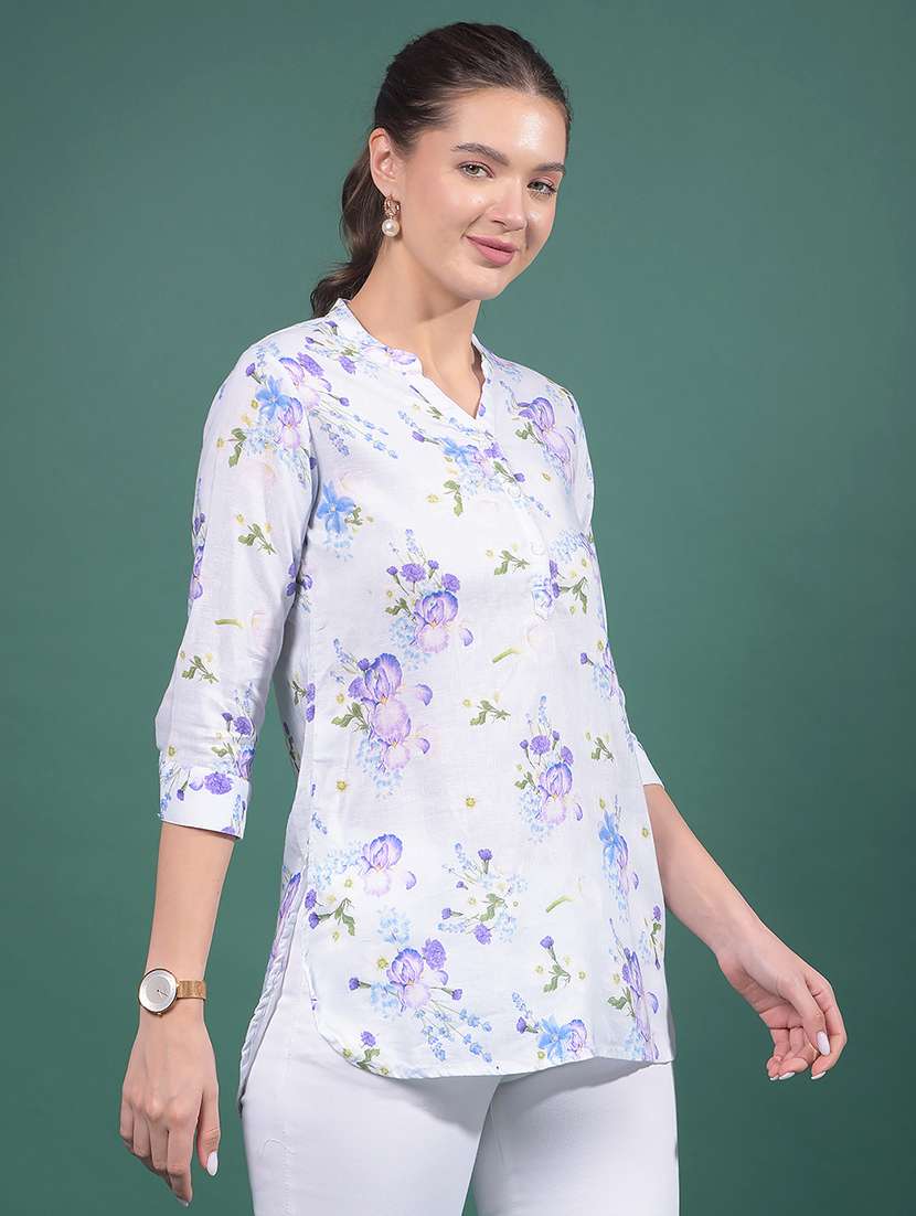 women printed mandarin neck high low tunic - 21916080 -  Standard Image - 2