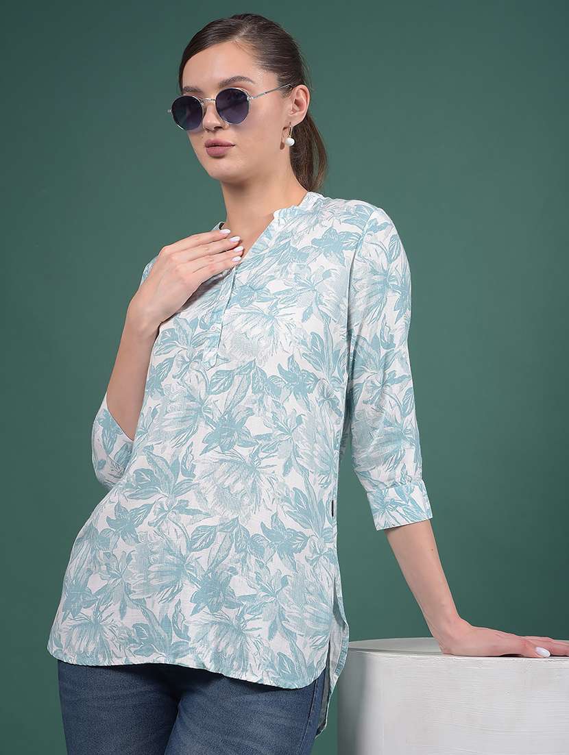 women printed mandarin neck high low tunic