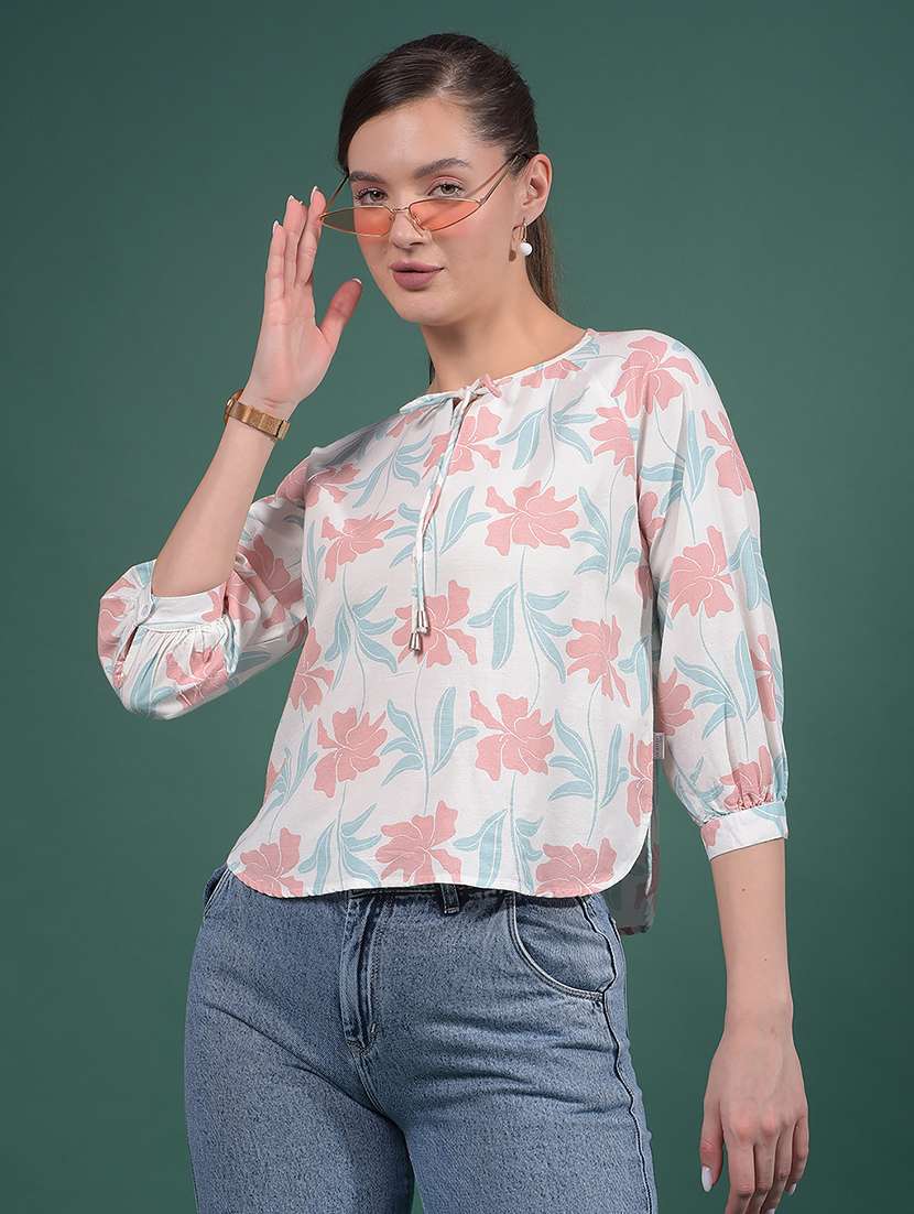 women floral printed tie-up neck regular top