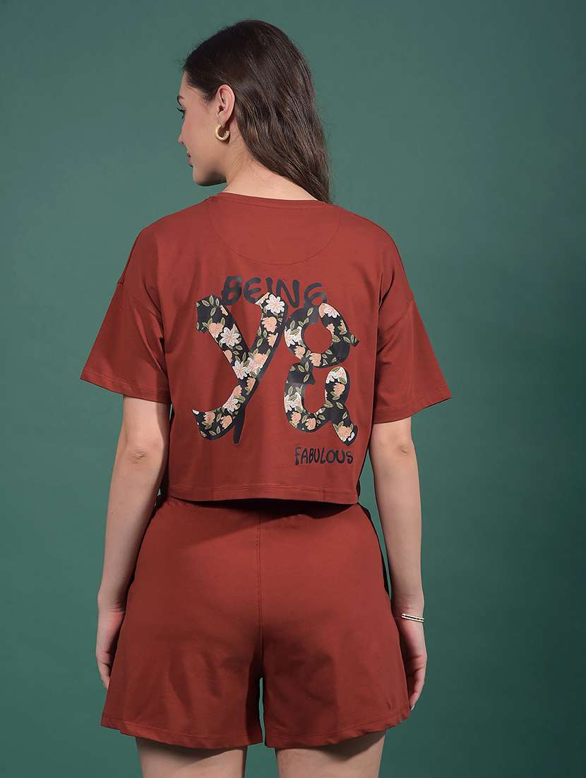 women printed drop sleeves regular fit crop t-shirt
