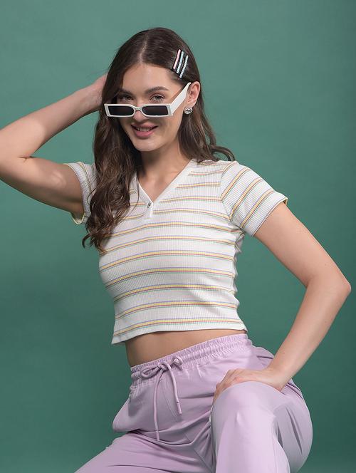 women striped short sleeves crop top - 21916112 - Standard Image - 0