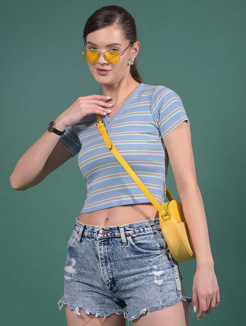 women striped short sleeves crop top - 21916113 - Zoom Image - 0