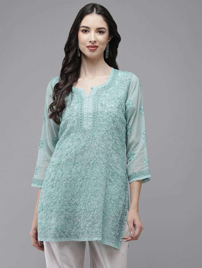women three quarter sleeve chikankari straight kurti