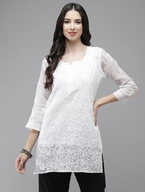 women three quarter sleeve chikankari straight kurti - 21916120 - Standard Image - 0