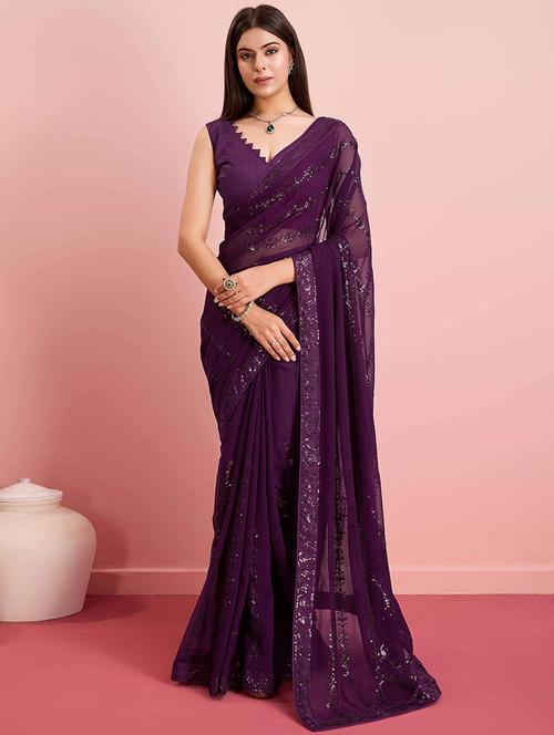 women purple embroidered saree with blouse - 21916174 -  Standard Image - 0