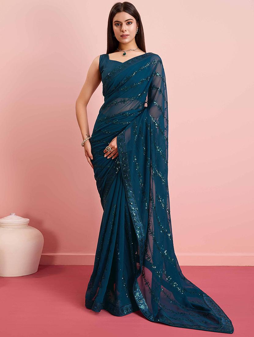 women teal embroidered saree with blouse - 21916176 - Zoom Image - 0