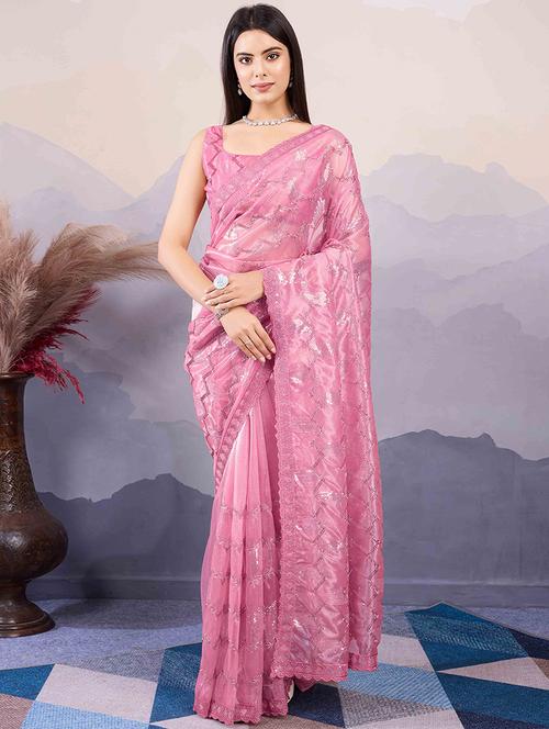 women solid with work embellished saree with blouse - 21916205 - Standard Image - 0