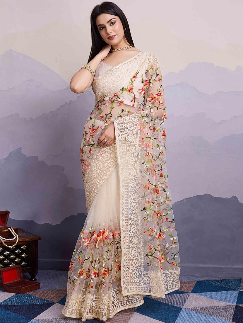 women off white embroidered saree with blouse - 21916214 -  Zoom Image - 0