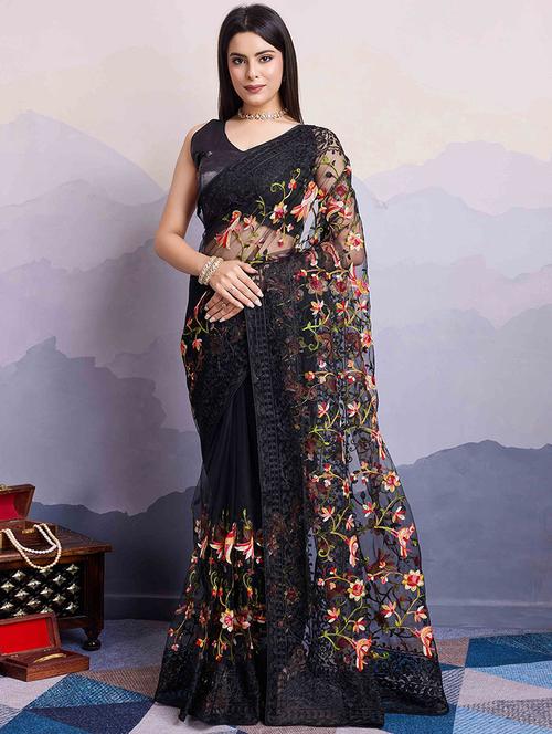 women black embroidered saree with blouse - 21916216 - Standard Image - 0