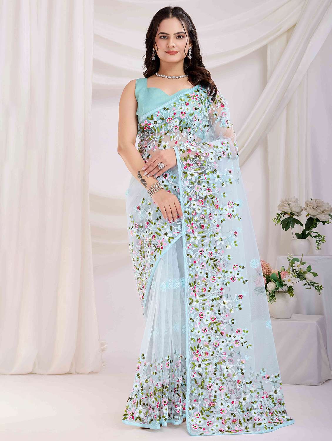 women floral embroidered saree with blouse