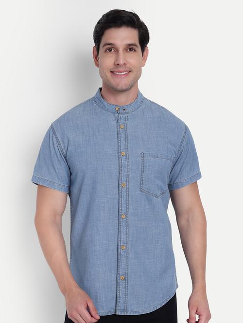 men solid mandarin neck denim shirt - 21916282 - Standard Image - 0