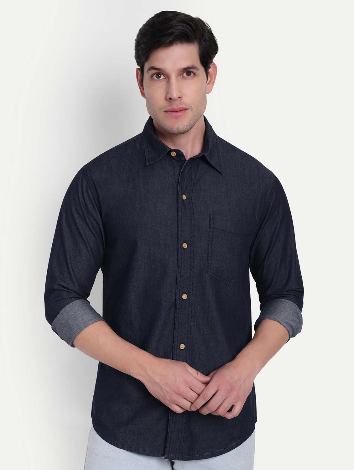 men solid long sleeve regular fit denim shirt