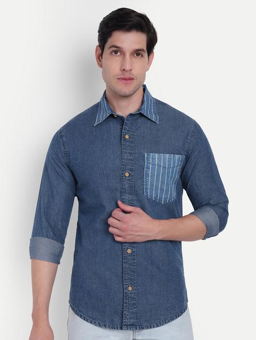 men solid collared long sleeves denim shirt - 21916289 -  Standard Image - 0