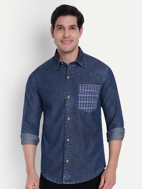 men solid collared long sleeves denim shirt - 21916290 - Standard Image - 0