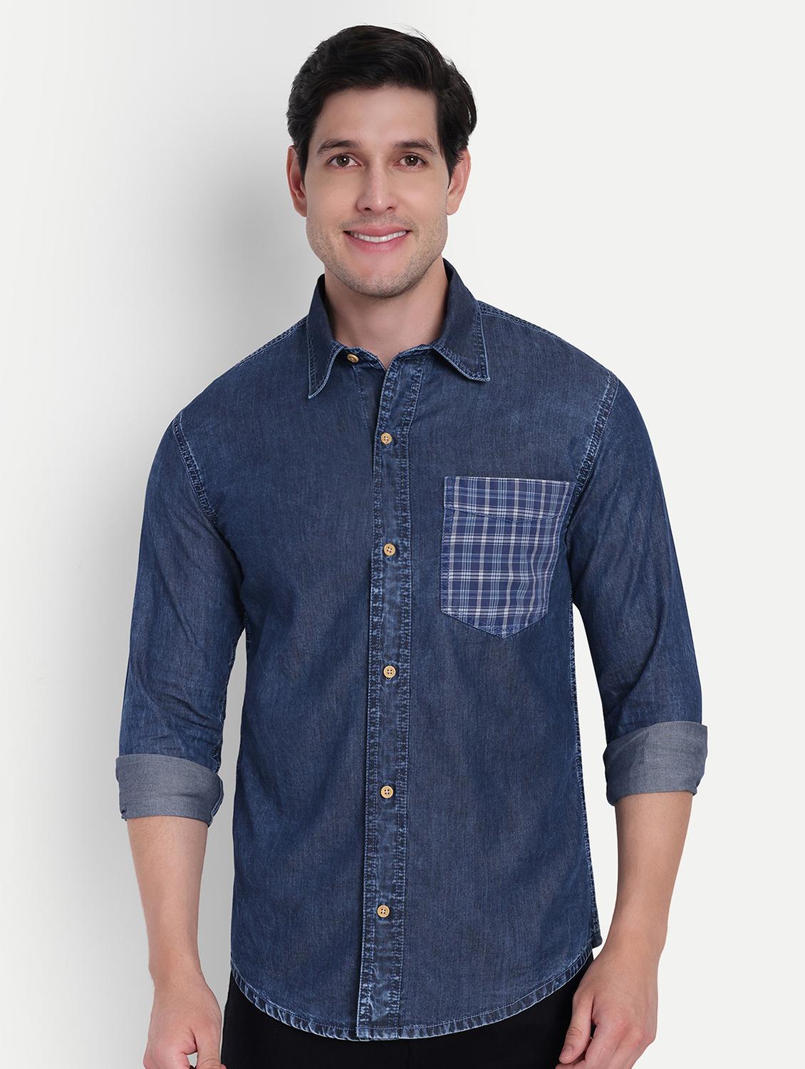 men solid collared long sleeves denim shirt - 21916290 - Zoom Image - 0