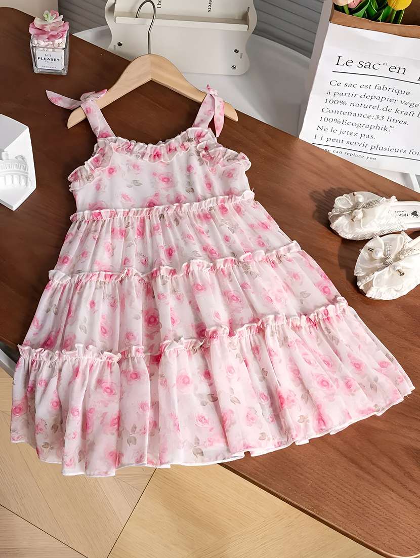 girls pink floral printed sleeveless frock