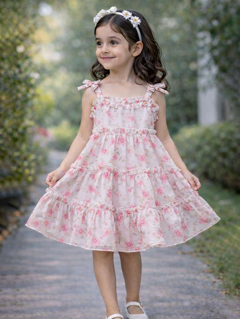 girls pink floral printed sleeveless frock