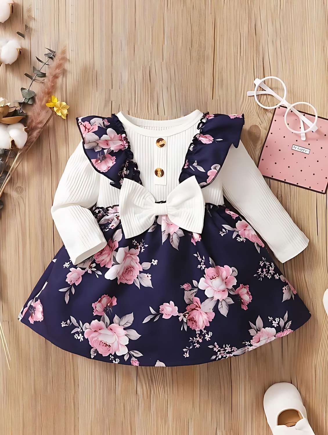 girls navy blue floral printed round neck frock