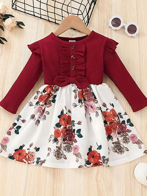 girls floral printed round neck frock
