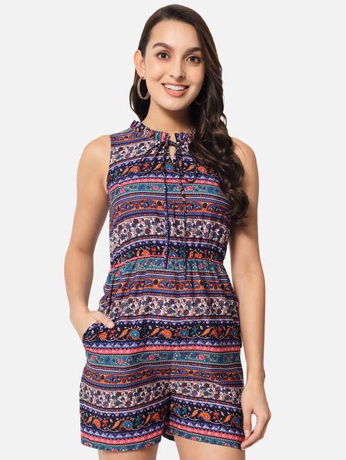 women printed tie up neck sleeveless romper  - 21916442 -  Standard Image - 0