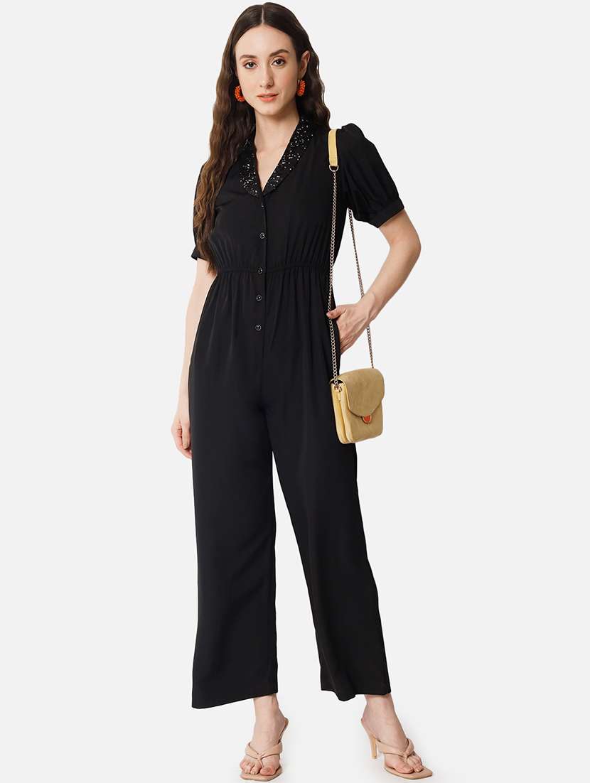 women embellished neck puff sleeves jumpsuit
