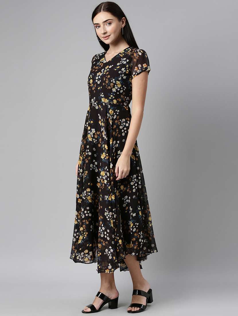 women black floral printed short sleeve fit & flare dress - 21916454 -  Standard Image - 2