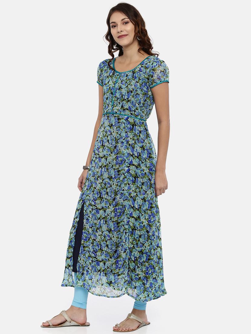 women blue floral printed short sleeve a-line kurta - 21916455 - Standard Image - 2