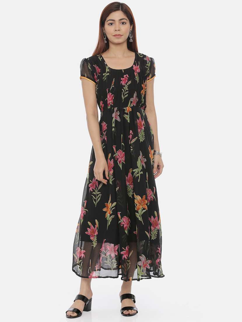 women black floral printed short sleeve fit & flare dress