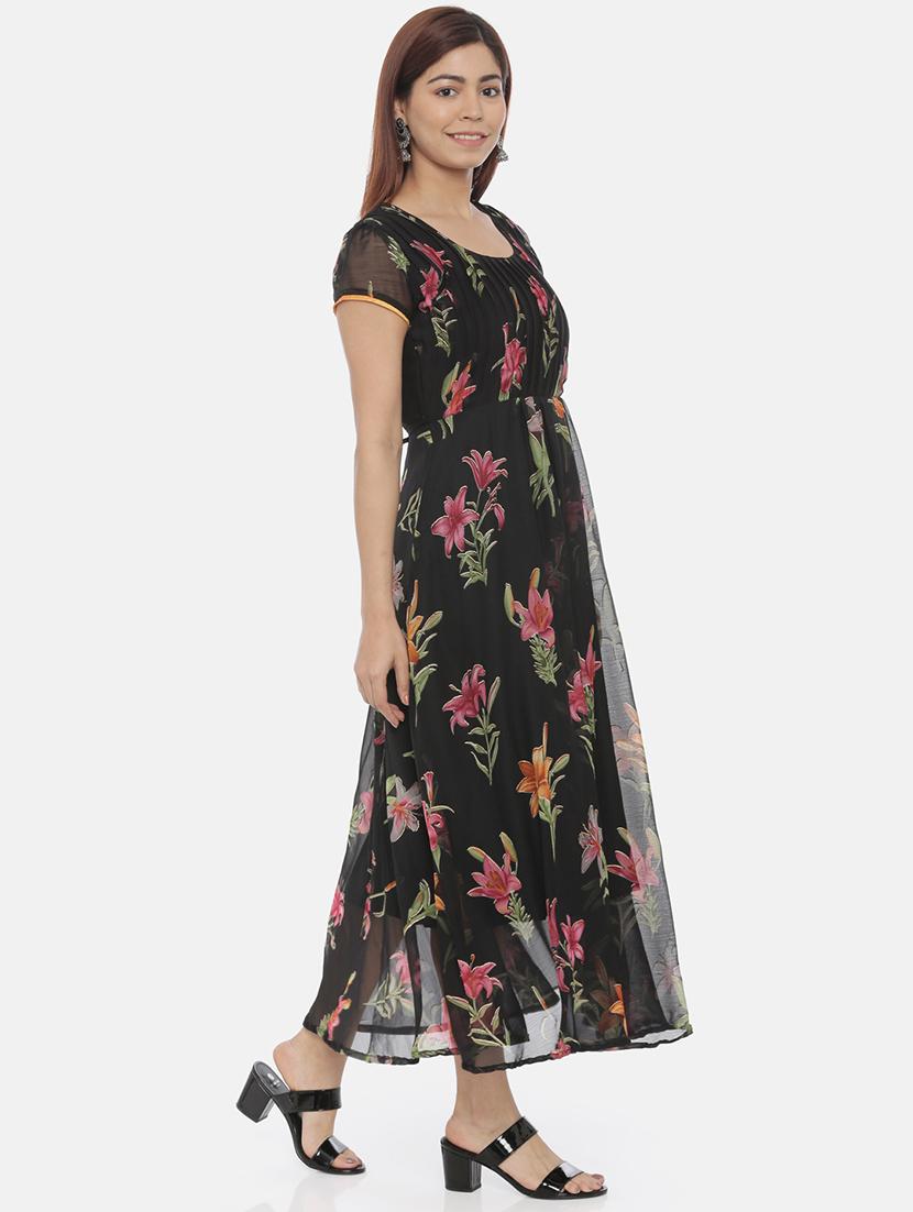 women black floral printed short sleeve fit & flare dress - 21916456 - Standard Image - 2