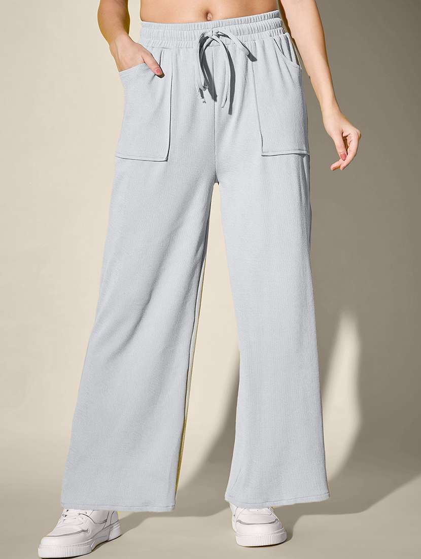 women solid high rise wide leg trouser