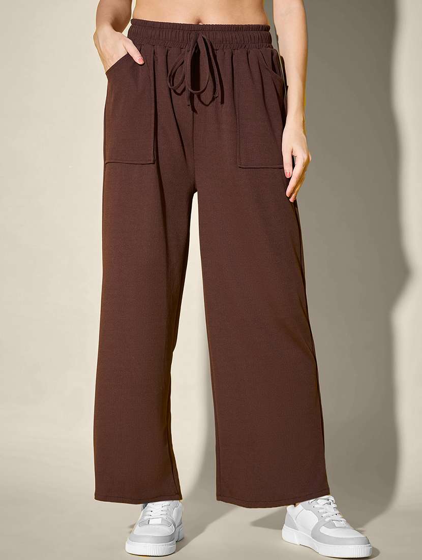 women solid high rise wide leg trouser