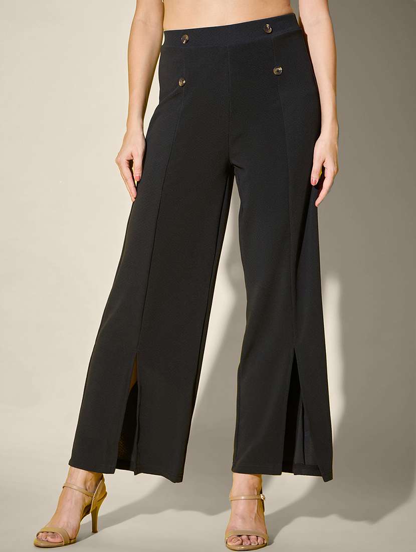 women solid high rise wide leg trouser