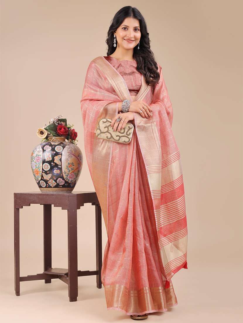 women checkered bordered saree with blouse - 21916605 -  Standard Image - 2