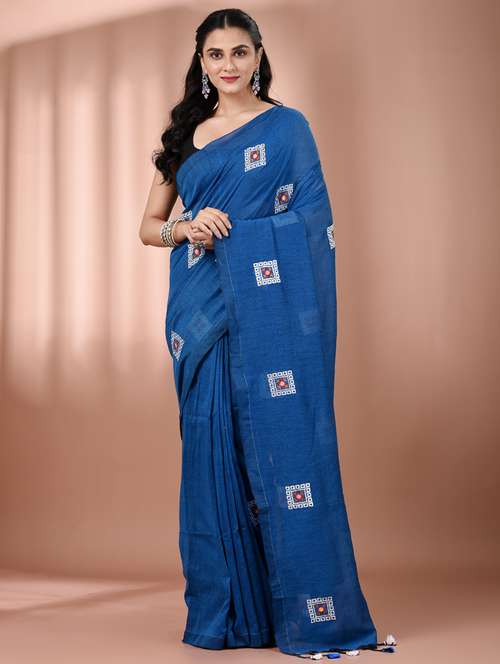 women blue embroidered saree with blouse - 21916656 - Standard Image - 0
