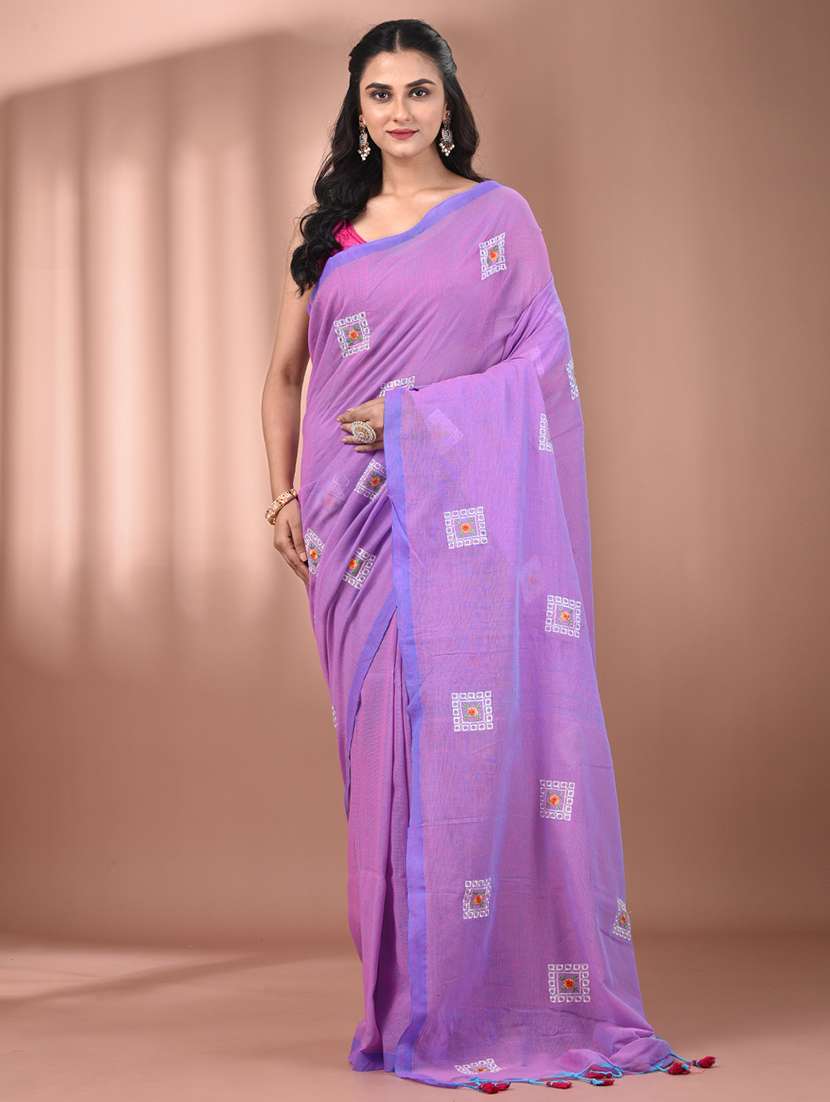 women lavender embroidered saree with blouse