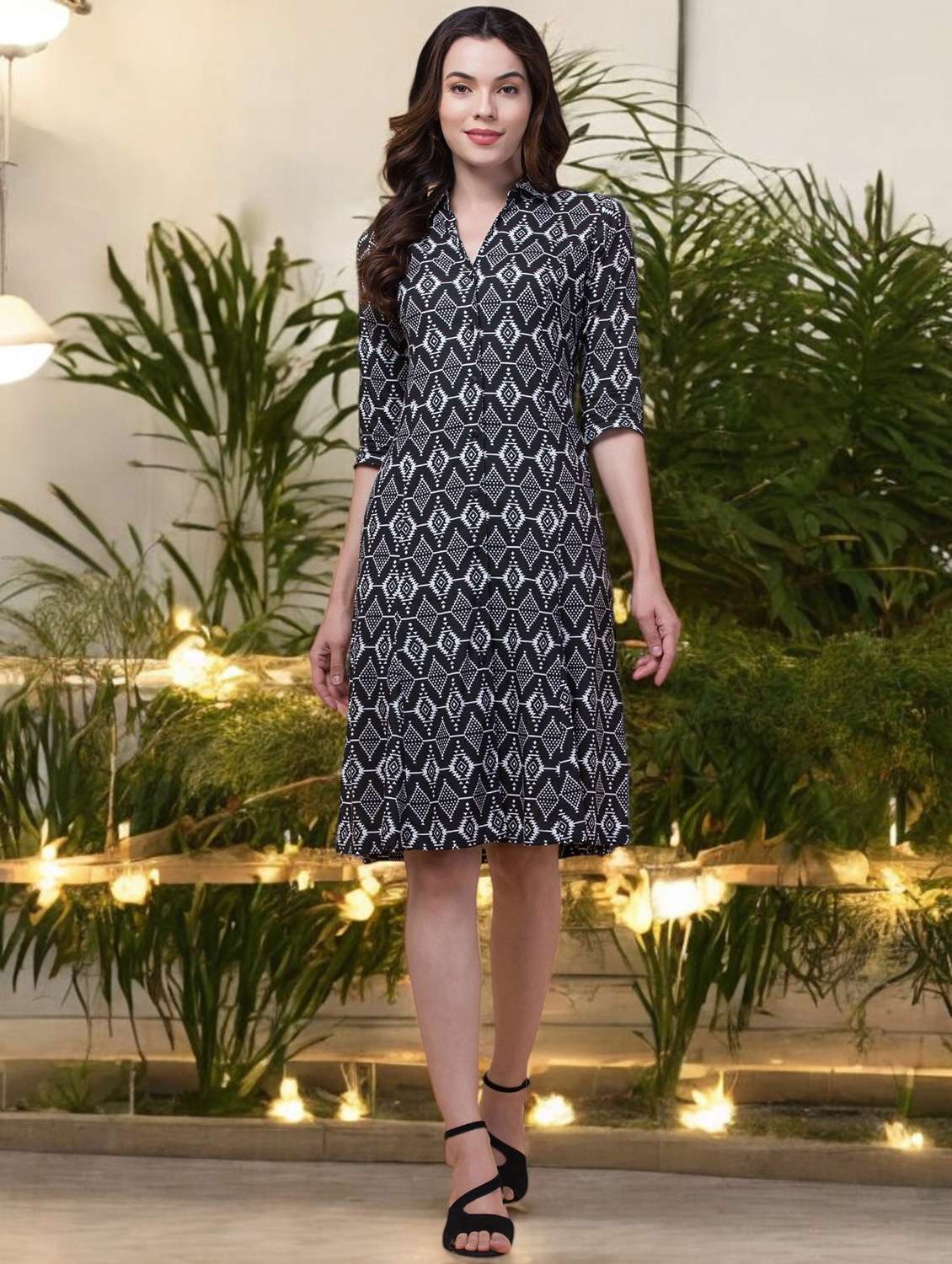 women printed collared a-line dress